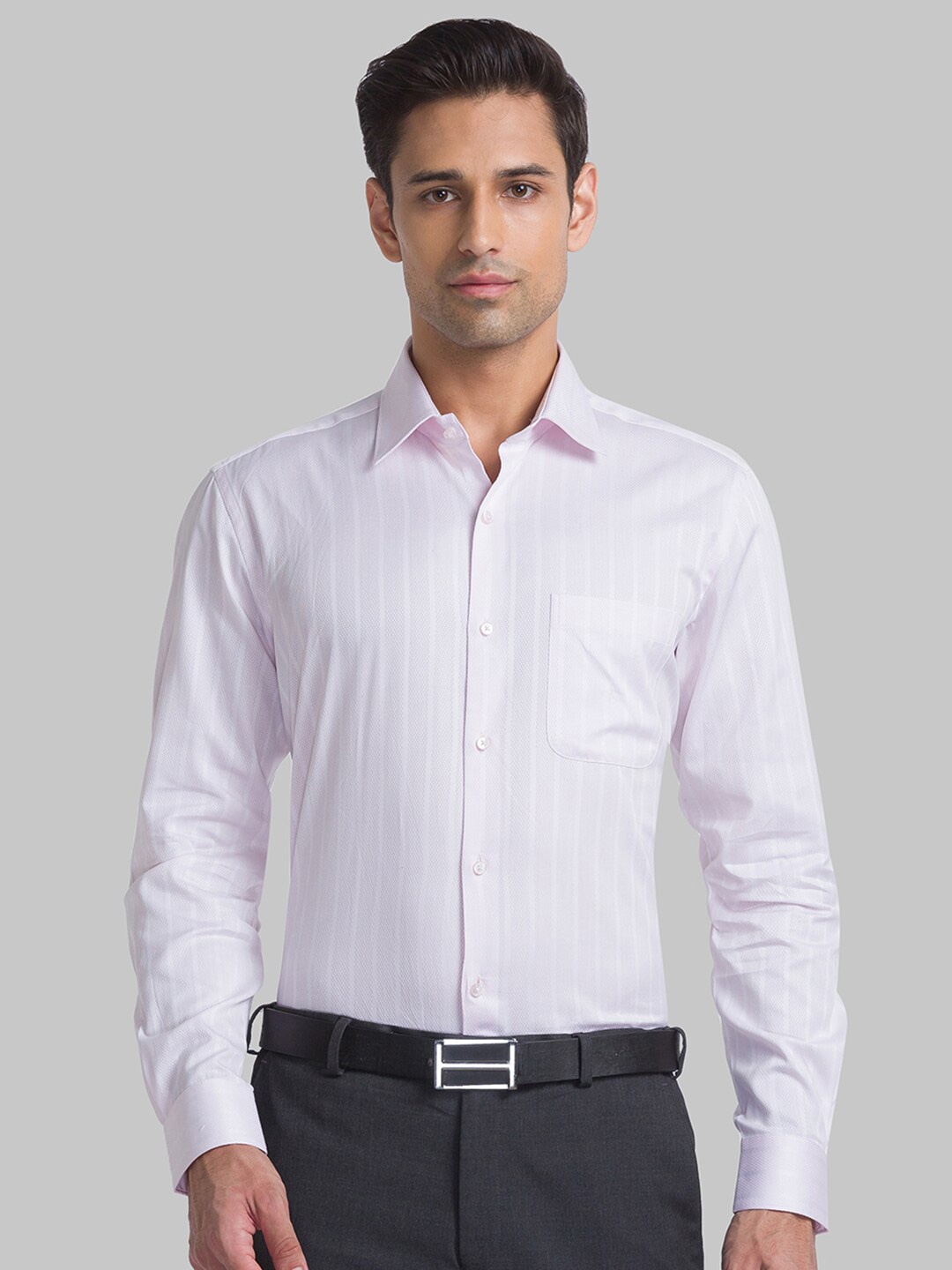 

Raymond Men Spread Collar Striped Cotton Shirts, Pink