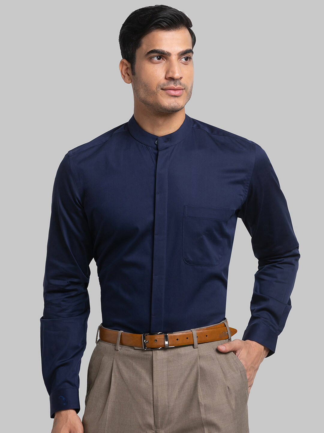 

Raymond Men Band Collar Formal Cotton Shirts, Navy blue