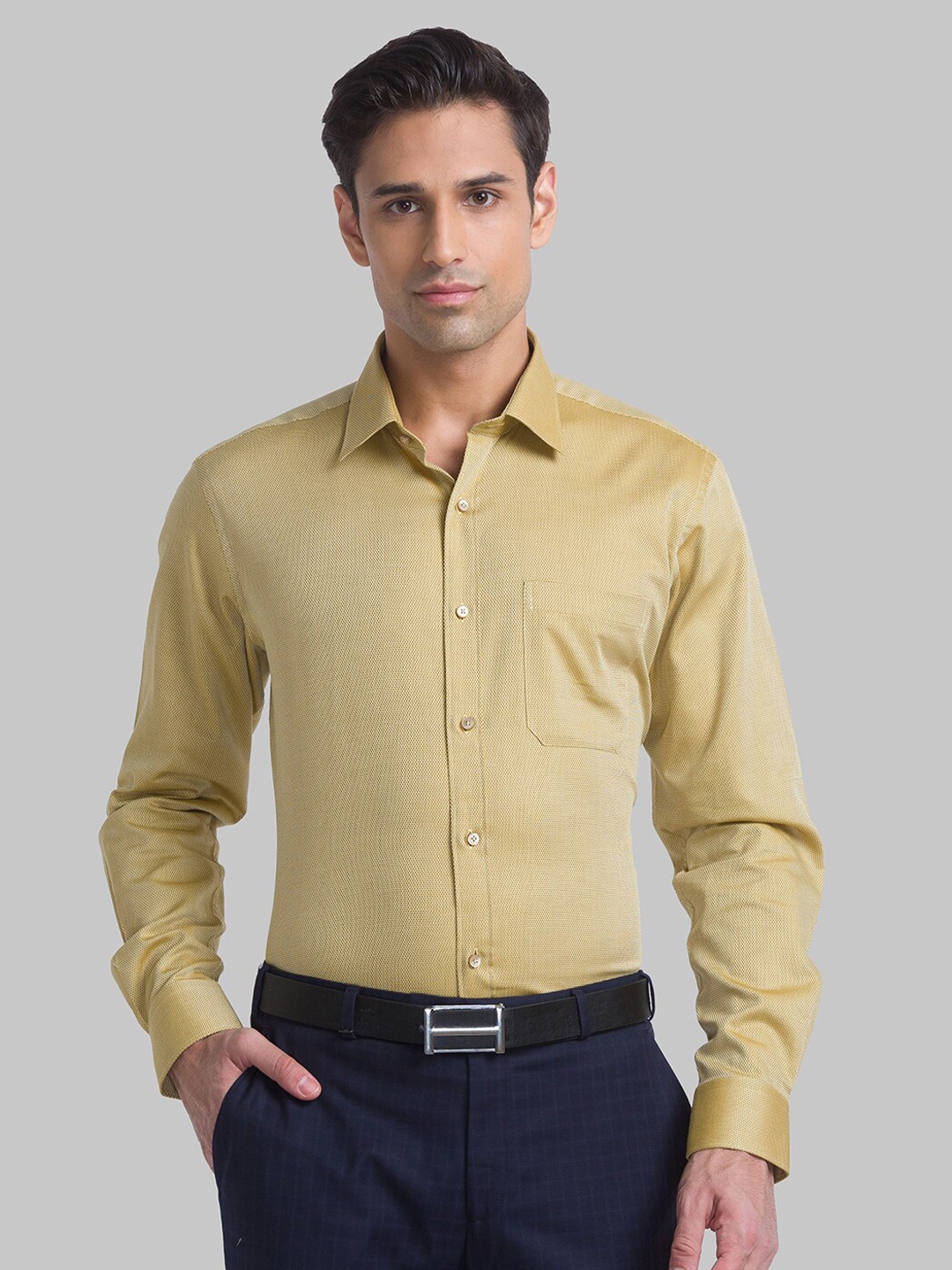 

Raymond Men Self-Design Textured Cotton Shirts, Yellow