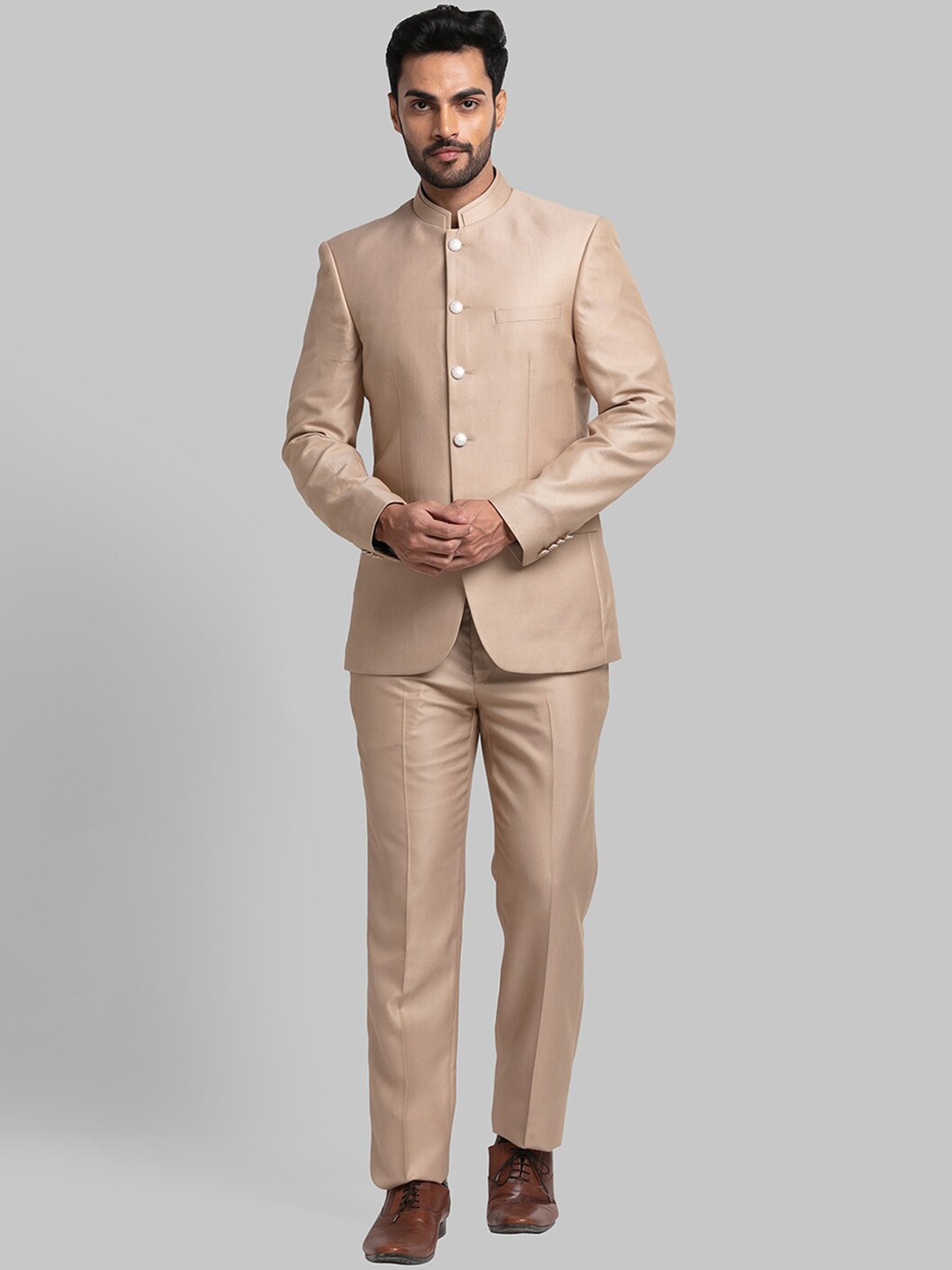 

Raymond Men Woven Designed Single-Breasted Bandhgala Blazer Two-Piece Suit, Beige
