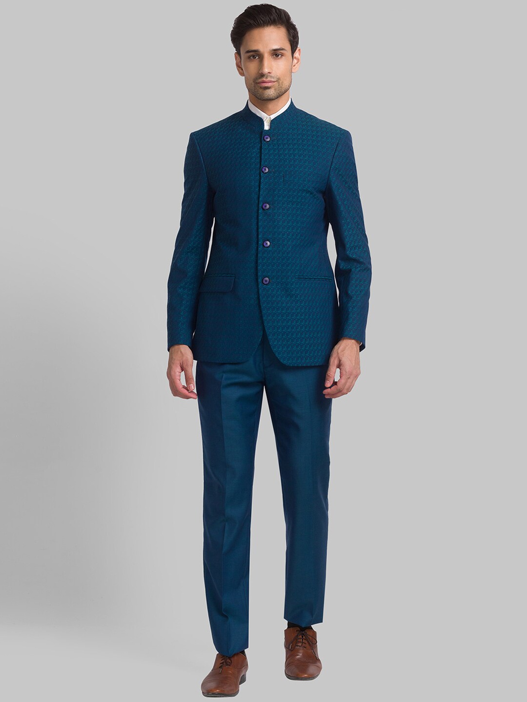 

Raymond Men Woven-Designed Single-Breasted Bandhgala Blazer Two-Piece Suit, Blue