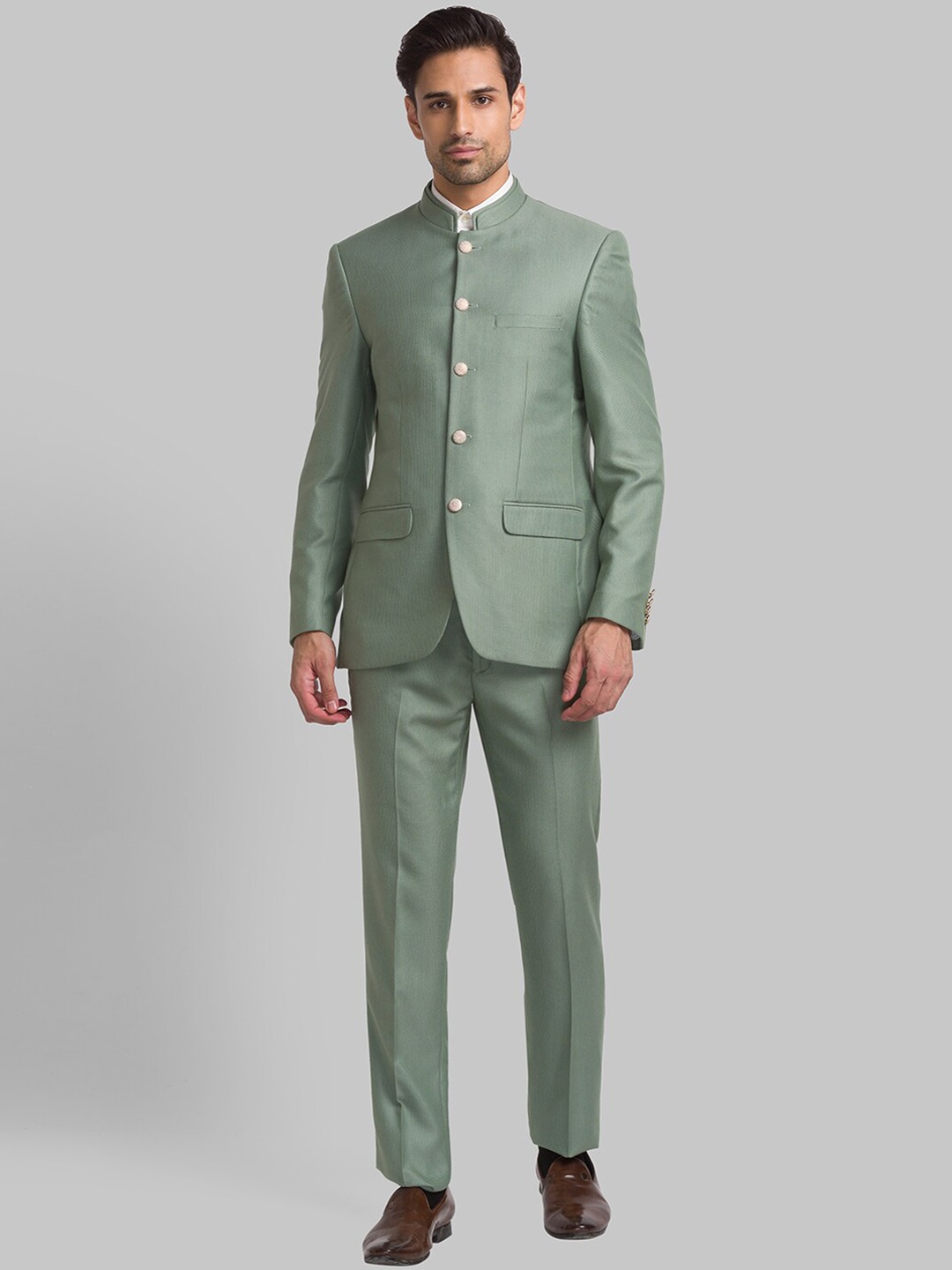 

Raymond Men Woven-Designed Single-Breasted Bandhgala Blazer Two-Piece Suit, Sea green