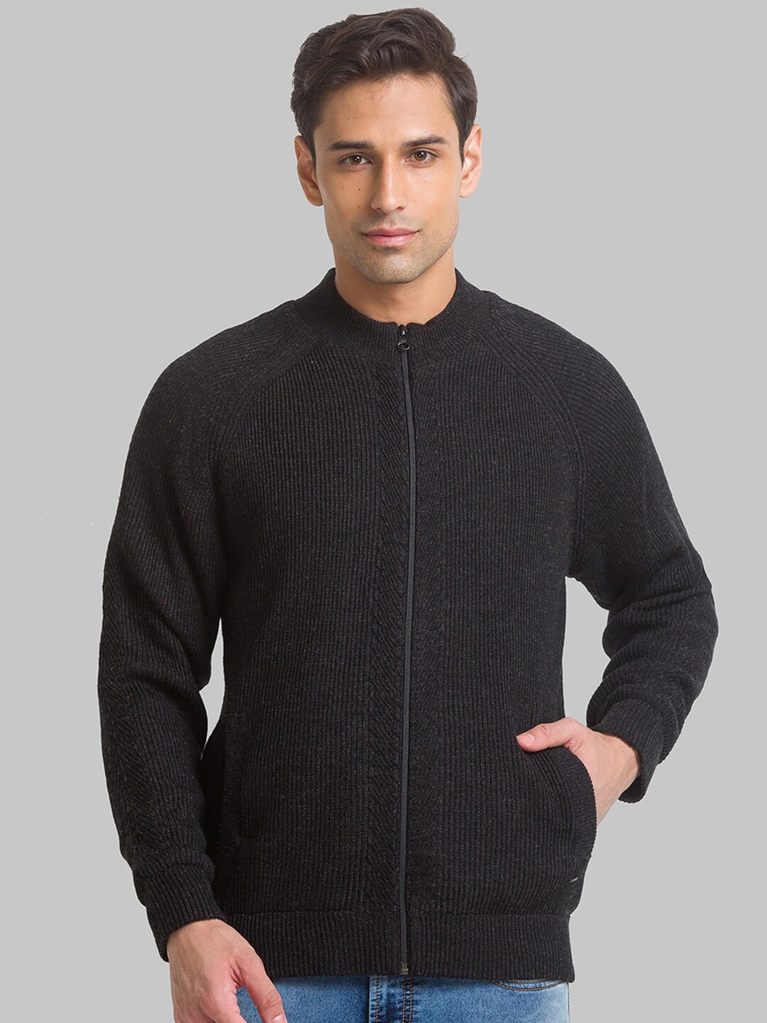 

Raymond Men Ribbed Knitted Acrylic Cardigan, Black