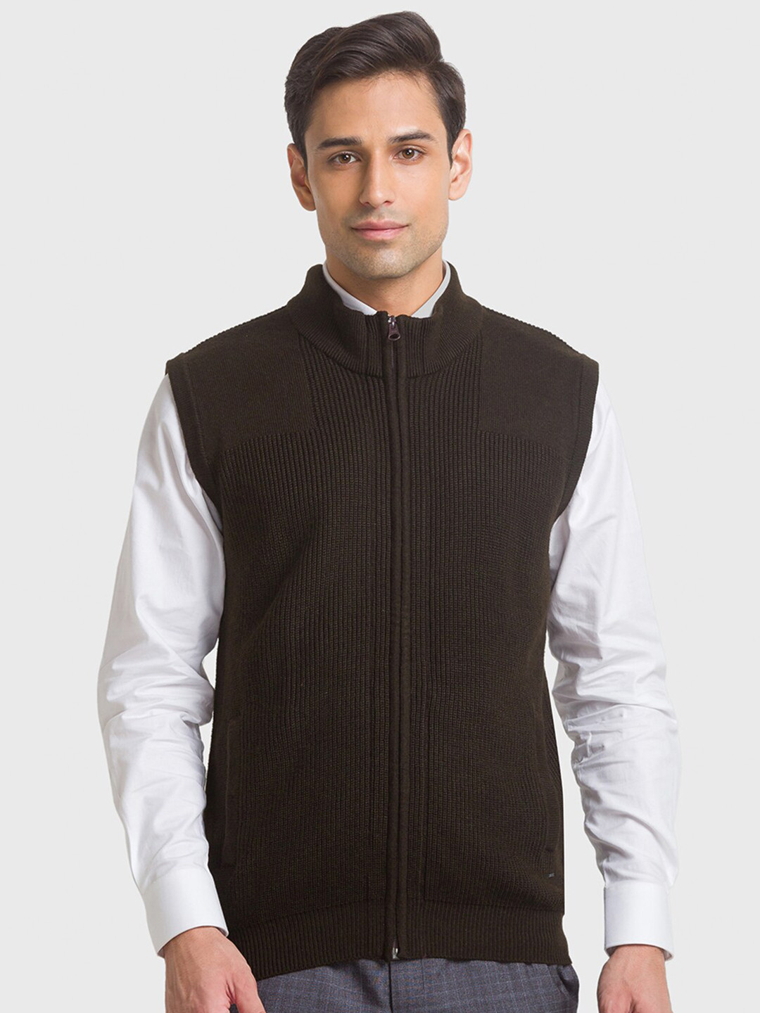 

Raymond Men Ribbed Sleeveless Knitted Acrylic Cardigan, Brown