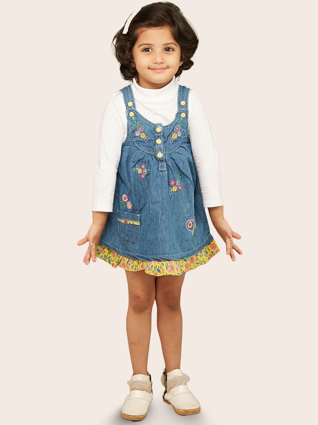 

Zalio Infants Girls Floral Embroidered Cotton Dungaree With T-Shirt, Blue