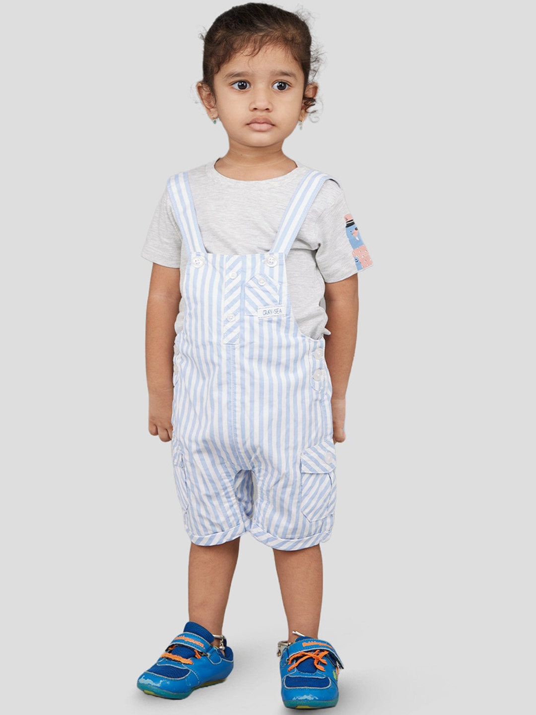 

Zalio Infants Boys Striped Pure Cotton Dungaree With T-Shirt, White