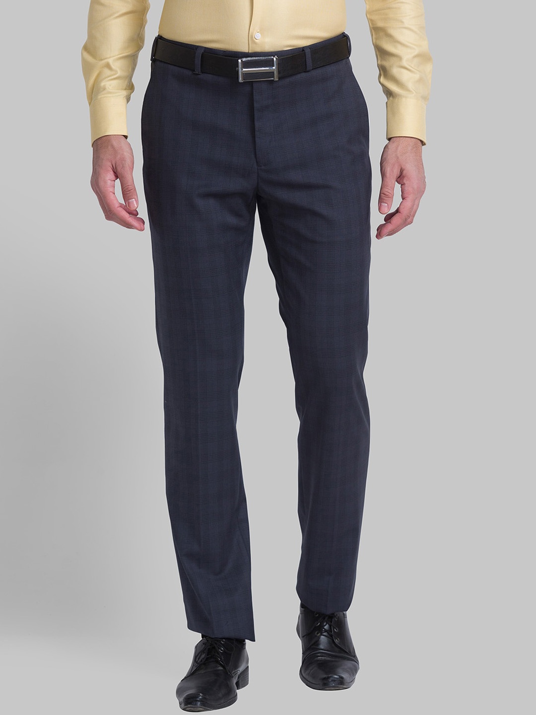 

Raymond Men Checked Mid-Rise Regular Fit Formal Trousers, Blue