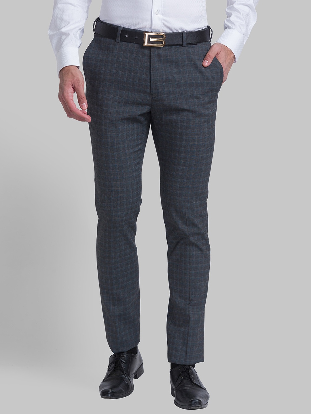 

Raymond Men Checked Slim Fit Formal Trousers, Grey