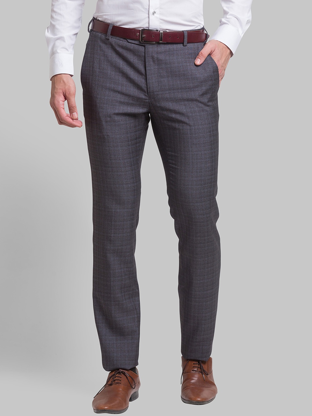 

Raymond Men Checked Mid-Rise Formal Trousers, Grey