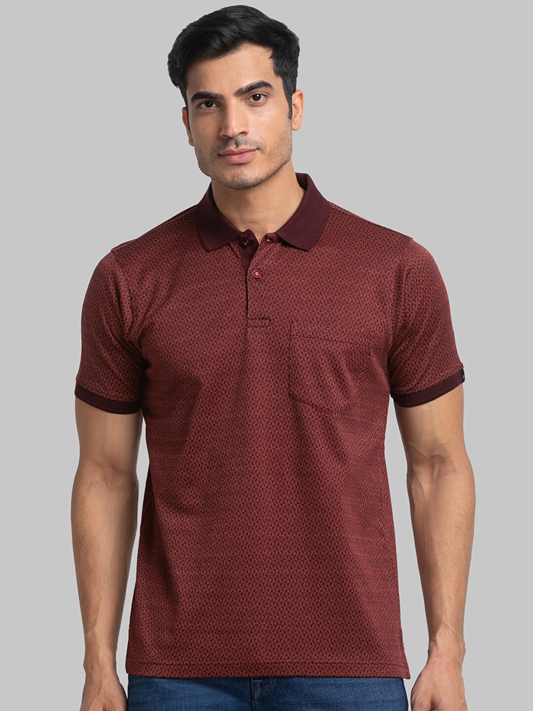 

Raymond Men Self-Design Polo Collar Cotton Tshirt, Maroon