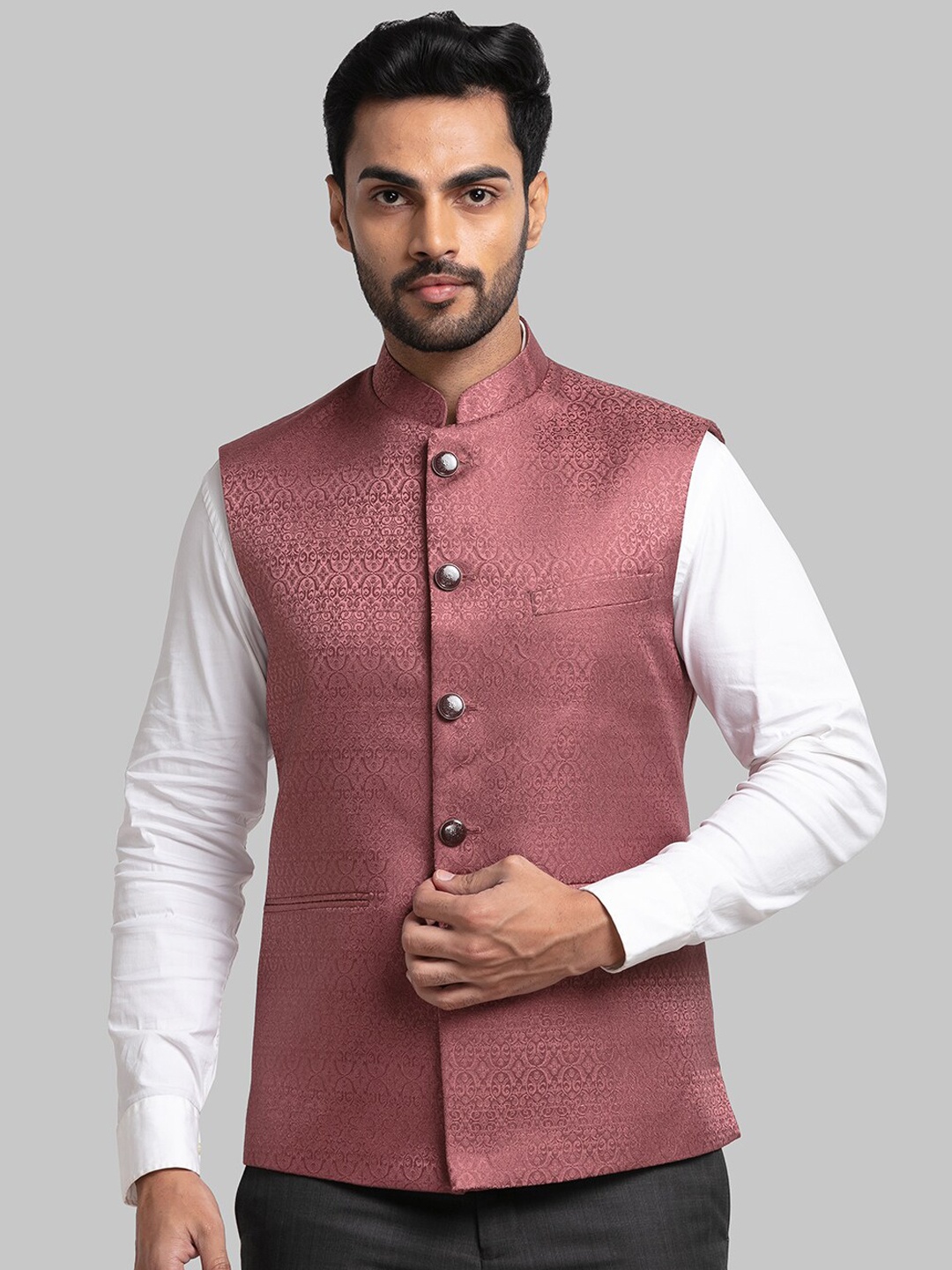 

Raymond Woven Design Nehru Jacket, Pink
