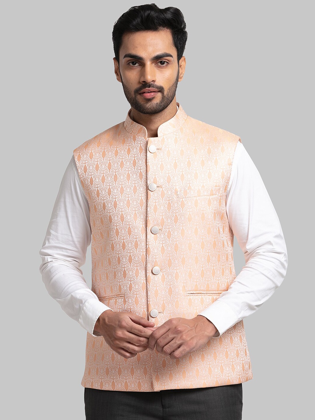 

Raymond Men Woven Design Nehru Jacket, Peach