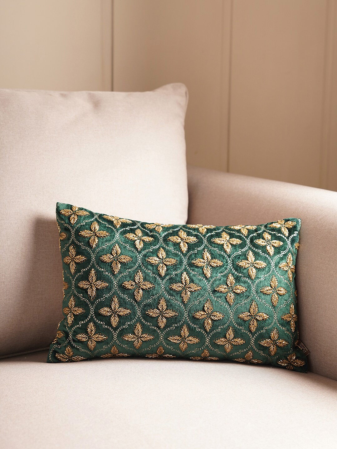 

Pure Home and Living Green & White Embroidered Cotton Rectangle Cushion Cover