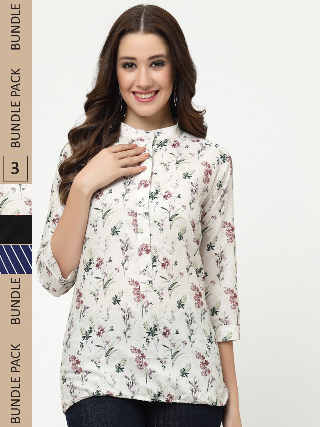 

MISS AYSE Pack of 3 Floral Print Mandarin Collar Cotton Top, White