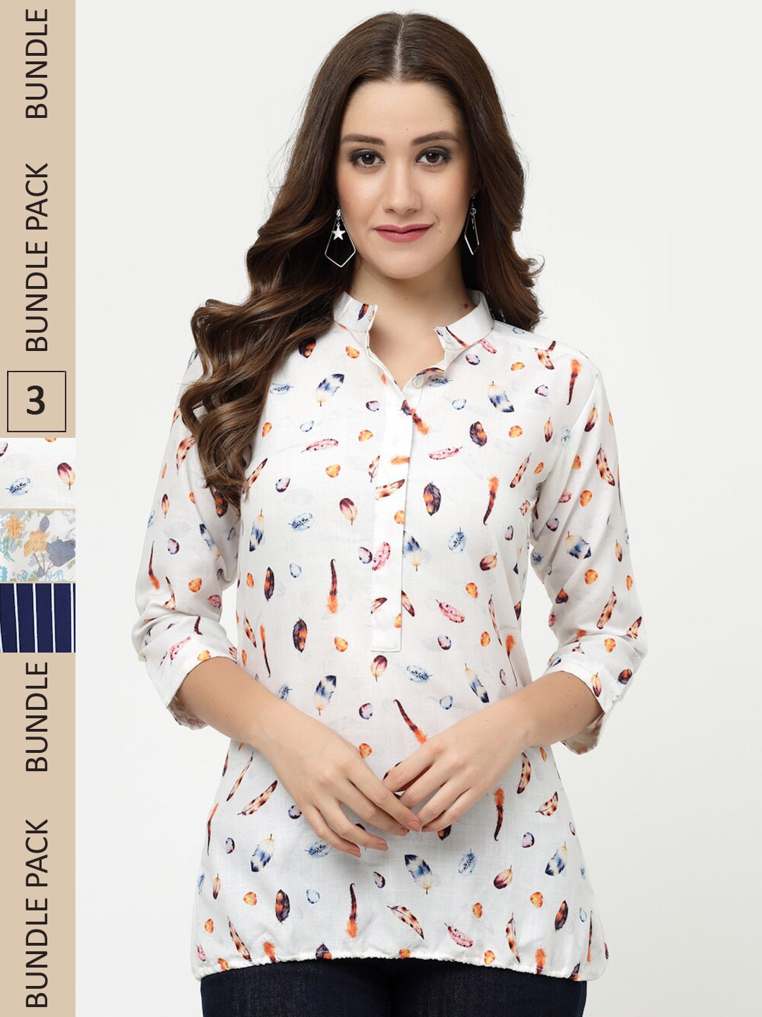 

MISS AYSE Pack of 3 Printed Mandarin Collar Cotton Top, White