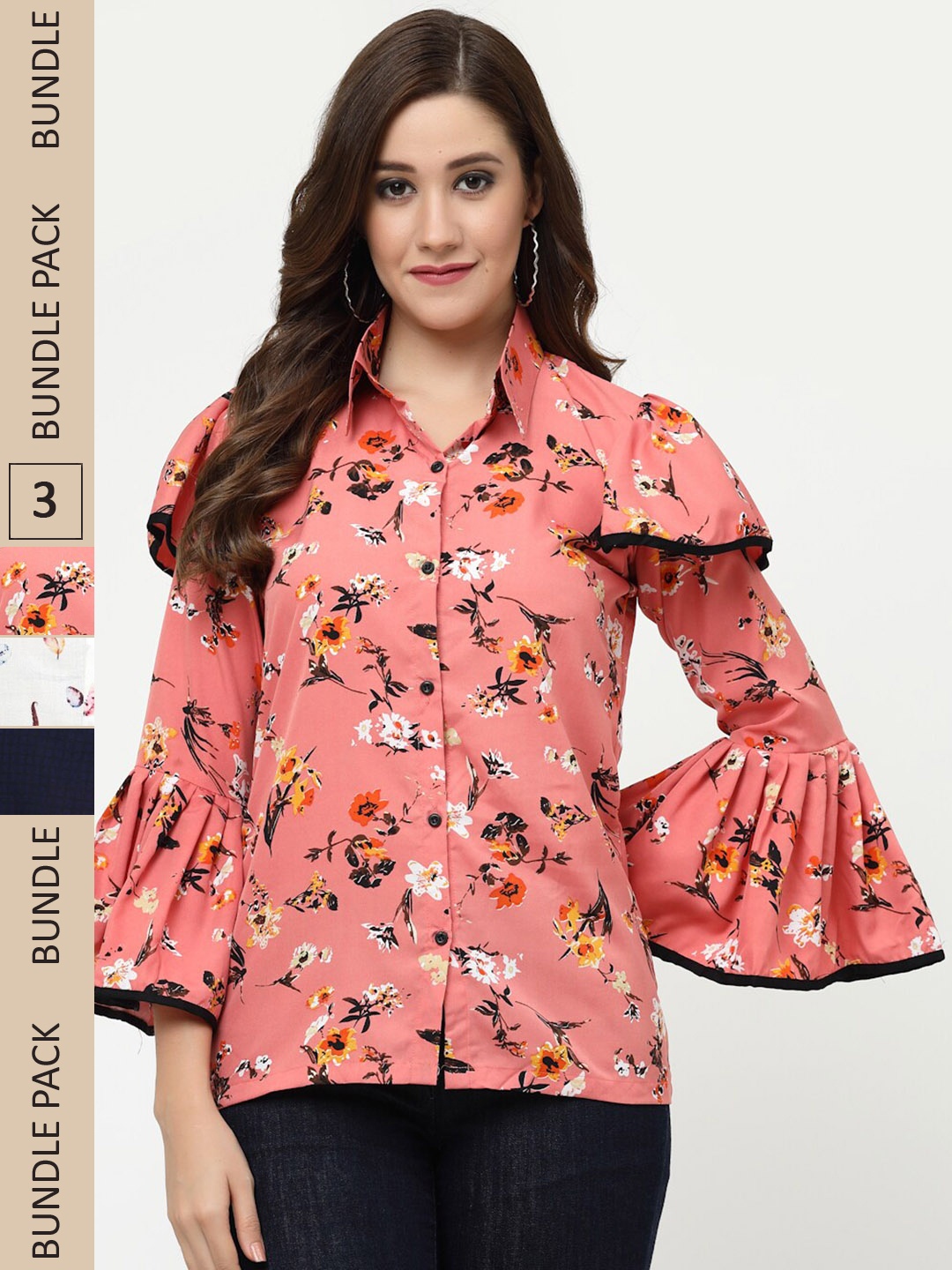 

MISS AYSE Pack of 3 Floral Print Crepe Shirt Style Tops, Peach