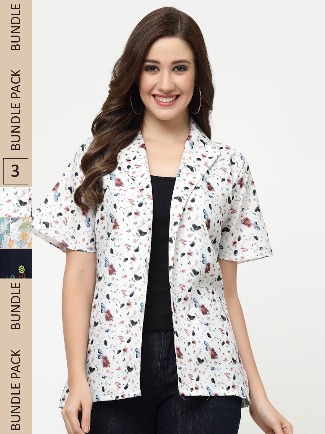 

MISS AYSE Pack Of 3 Floral Print Mandarin Collar Shirt Style Cotton Top, White