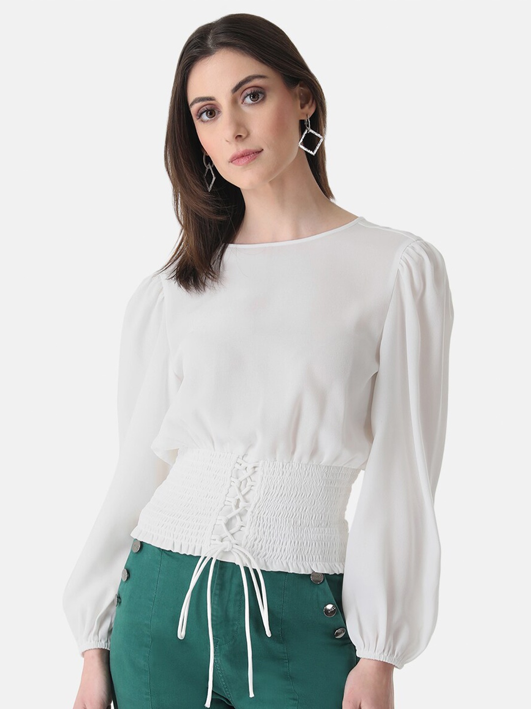 

Kazo Puff Sleeves Smocked Cinched Waist Top, White