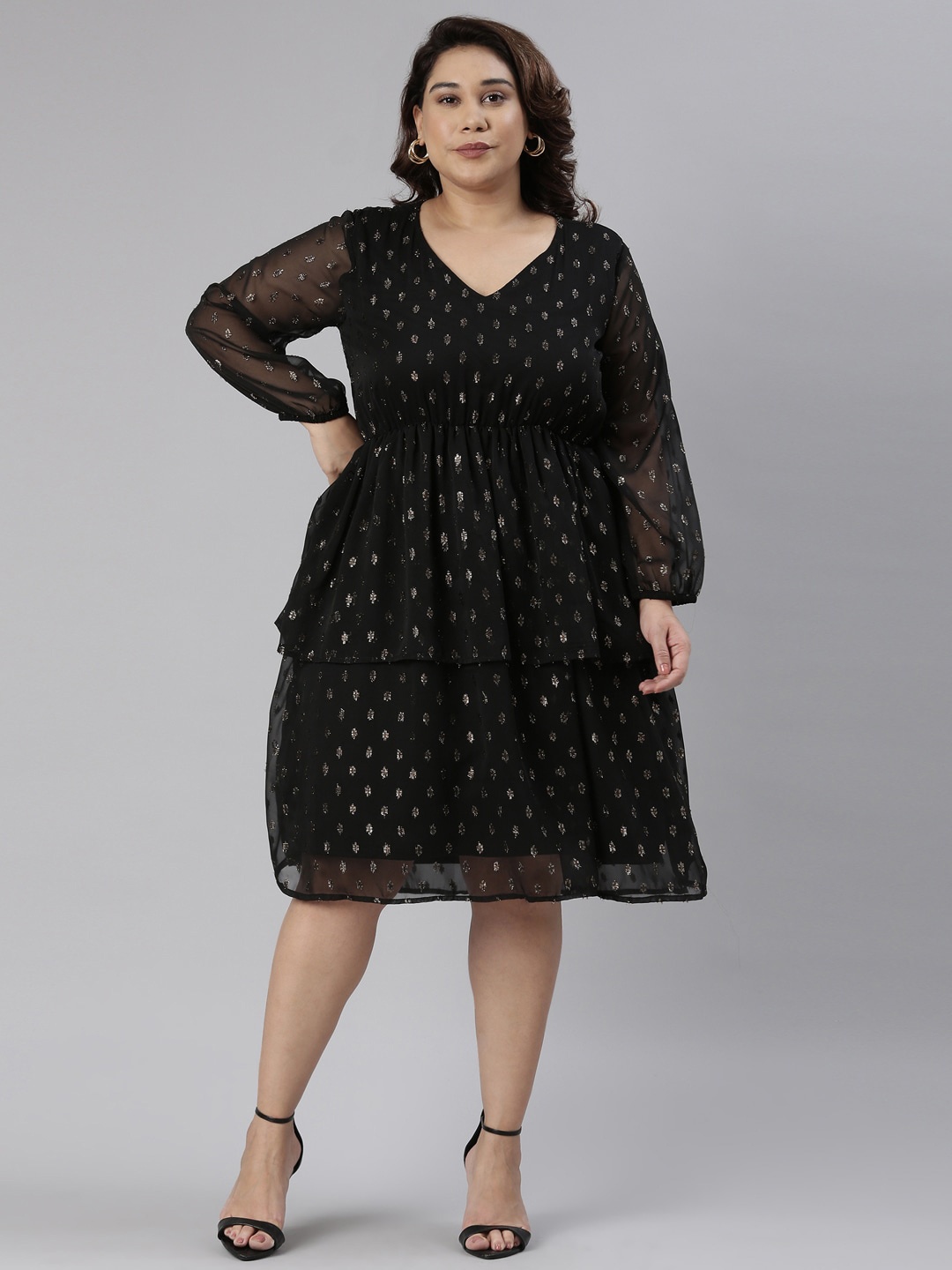 

The Pink Moon Plus Size Geometric Embellished Tiered Empire Dress, Black