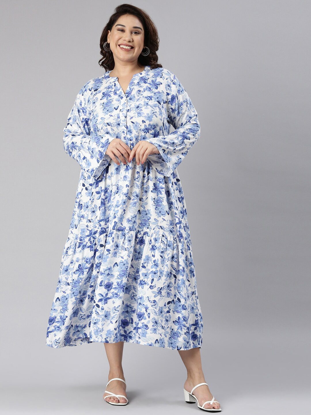 

The Pink Moon Plus Size Floral Printed Empire Tiered Midi Dress, Blue