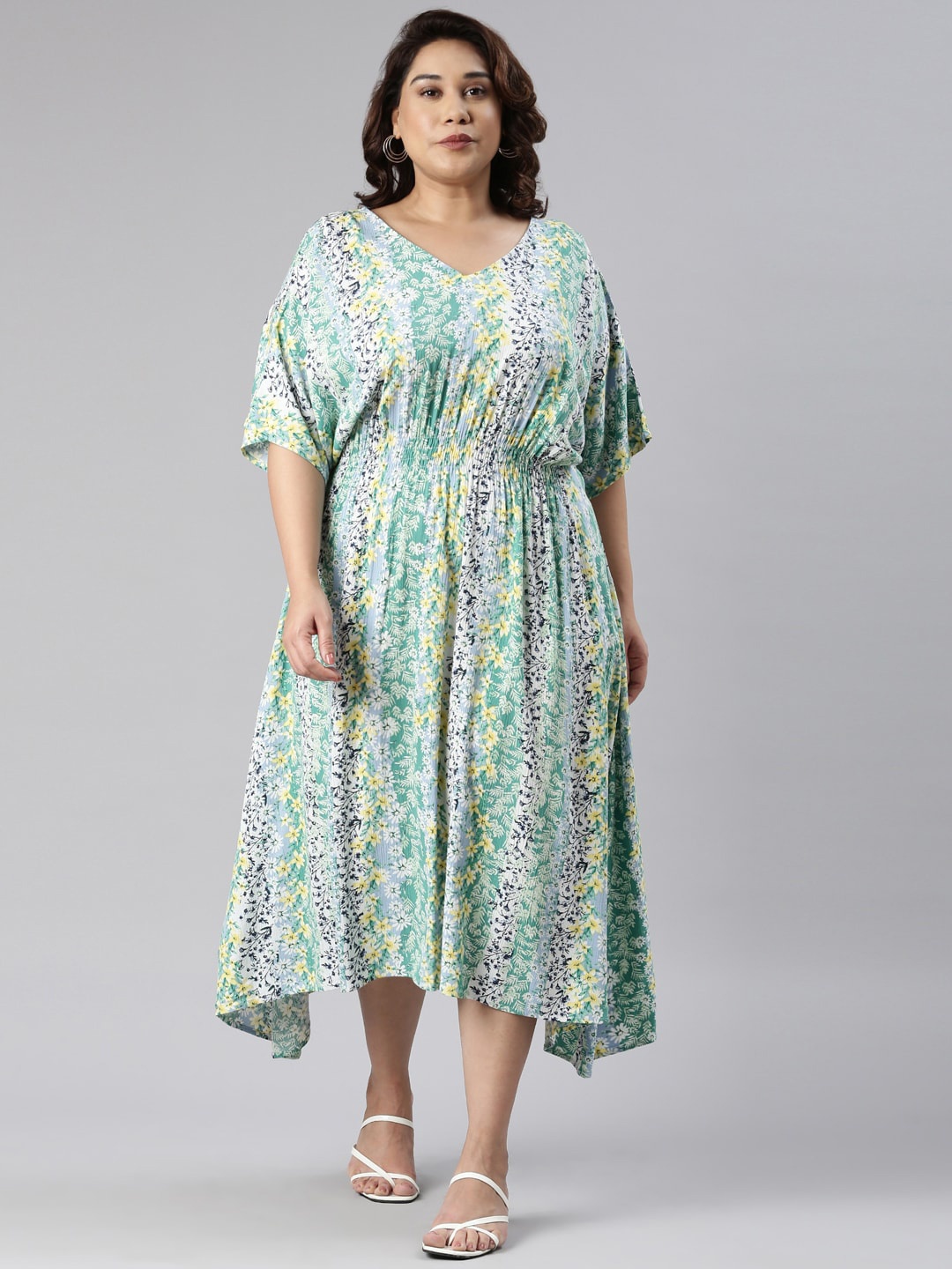 

The Pink Moon Plus Size Floral Printed Smocked Detailed Fit & Flare Midi Dress, Sea green