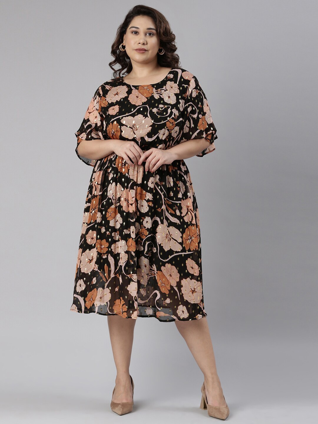 

The Pink Moon Plus Size Floral Printed Fit & Flare Midi Dress, Black