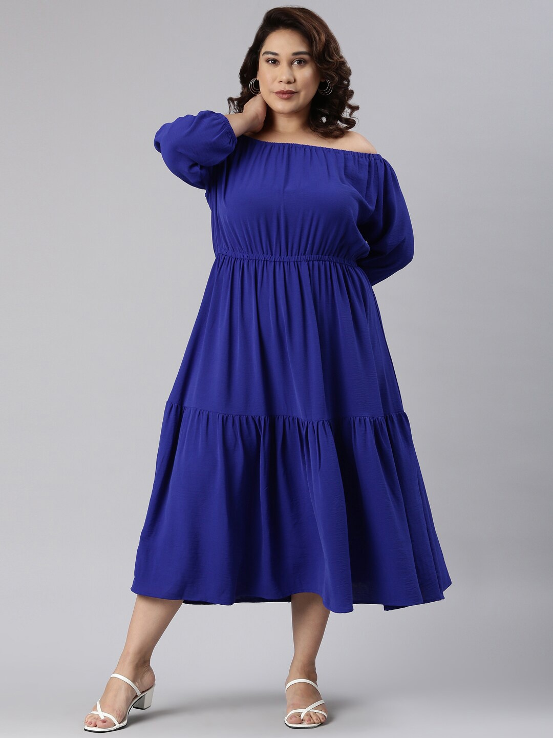 

The Pink Moon Plus Size Off-Shoulder Empire Tiered Midi Dress, Blue