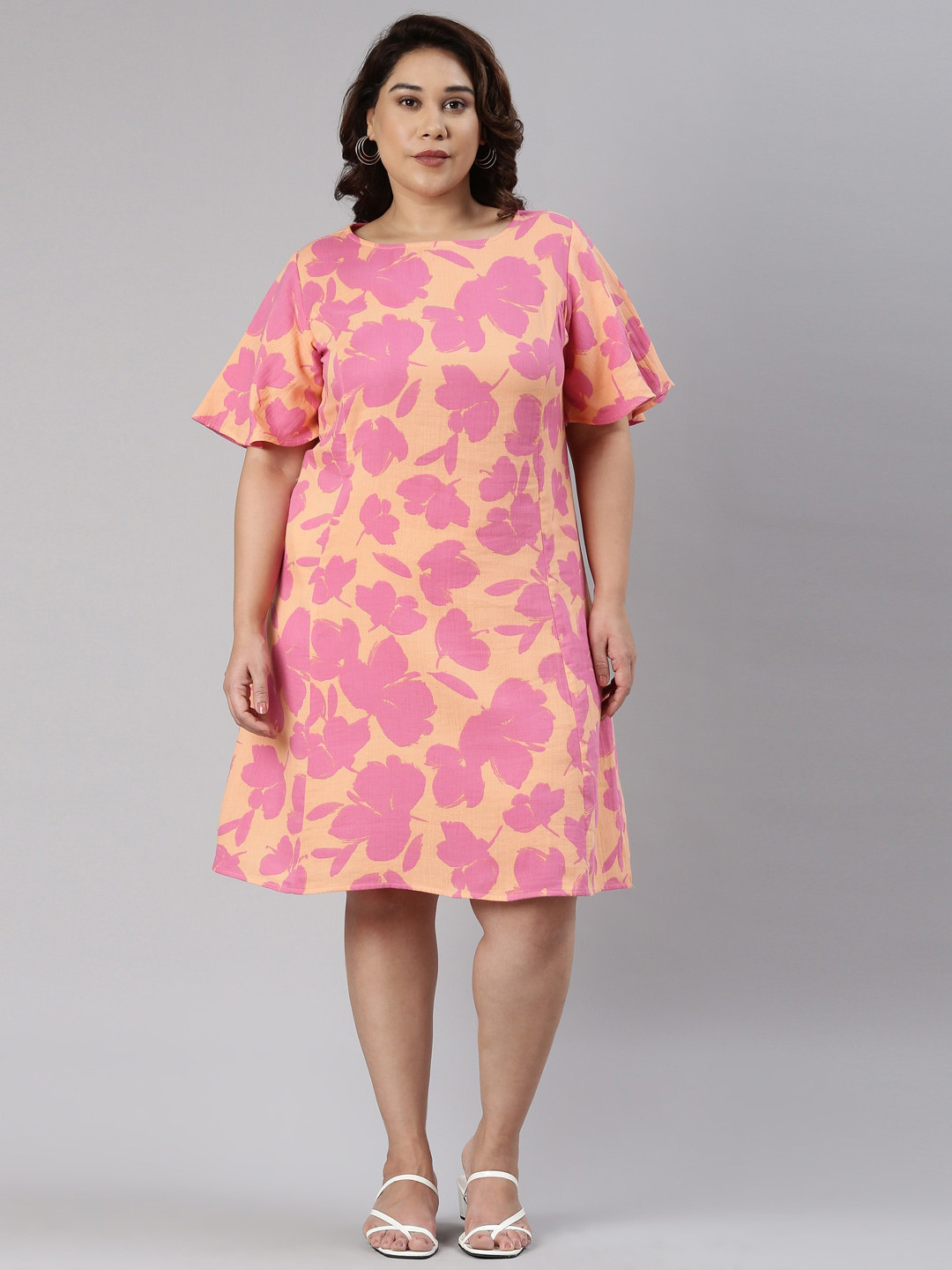 

The Pink Moon Plus Size Floral Printed Cotton A-Line Dress, Orange