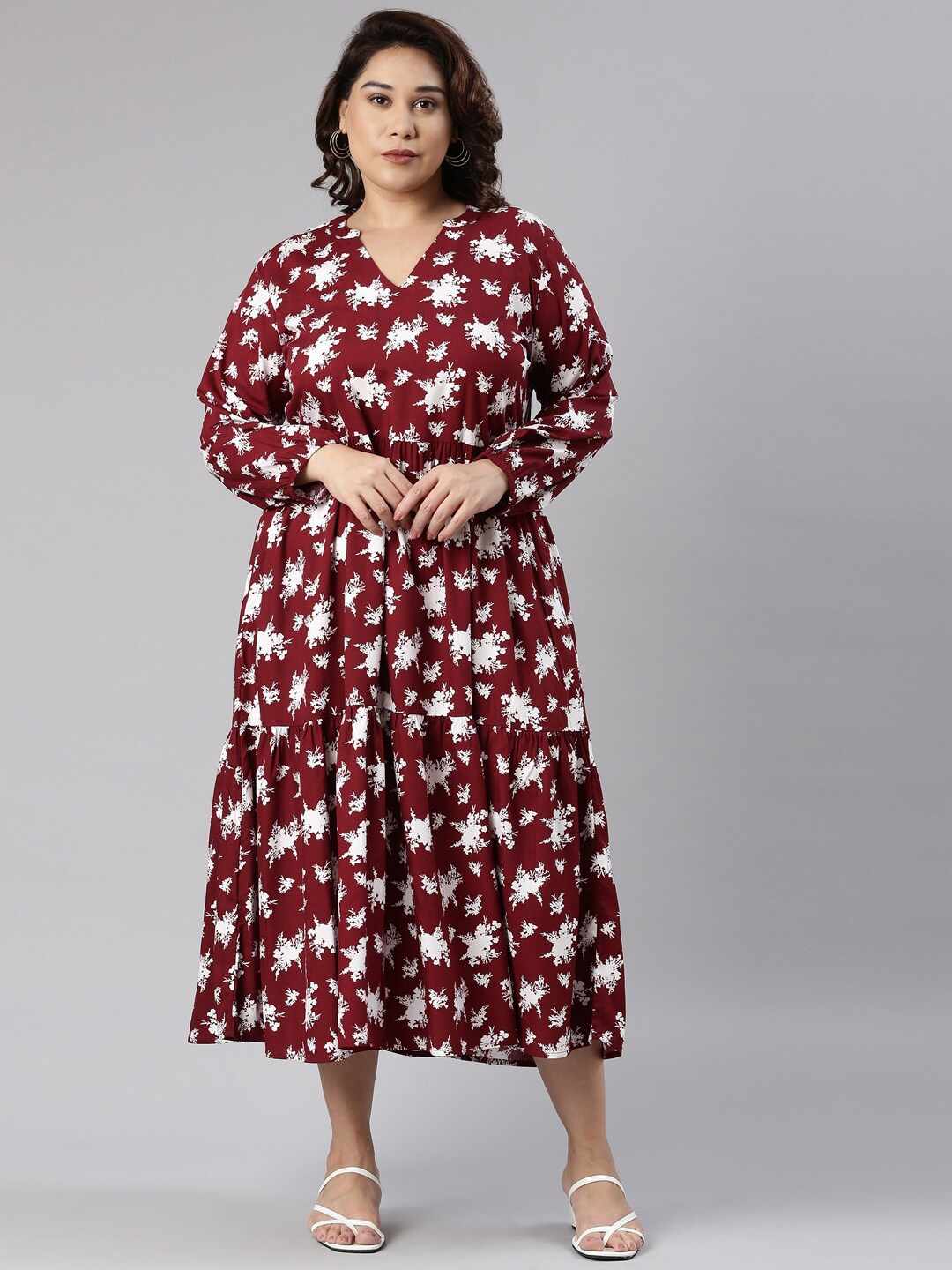 

The Pink Moon Plus Size Floral Printed Empire Tiered Midi Dress, Maroon