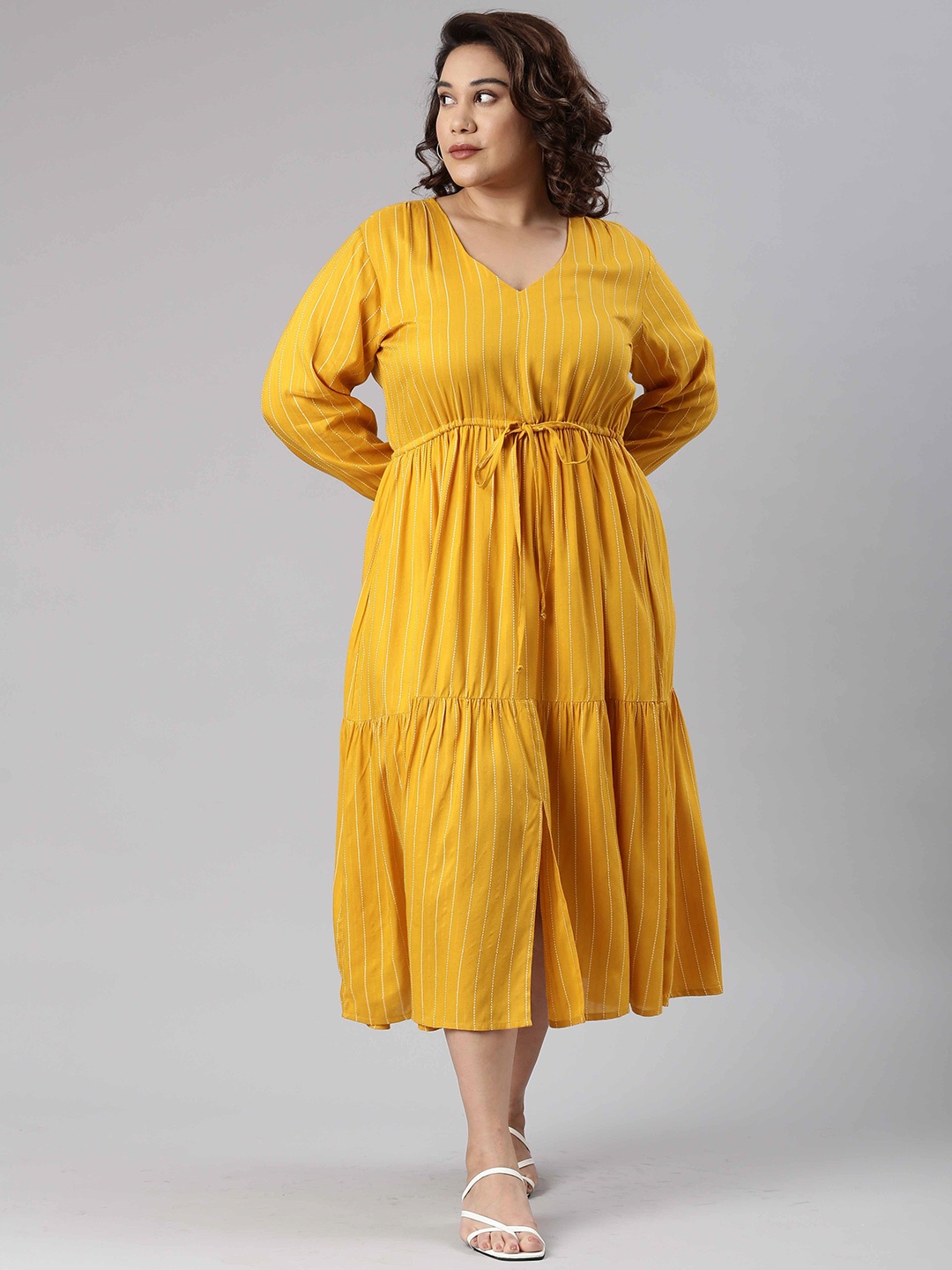 

The Pink Moon Plus Size Tiered Tie-Up Detailed A-Line Midi Dress, Mustard