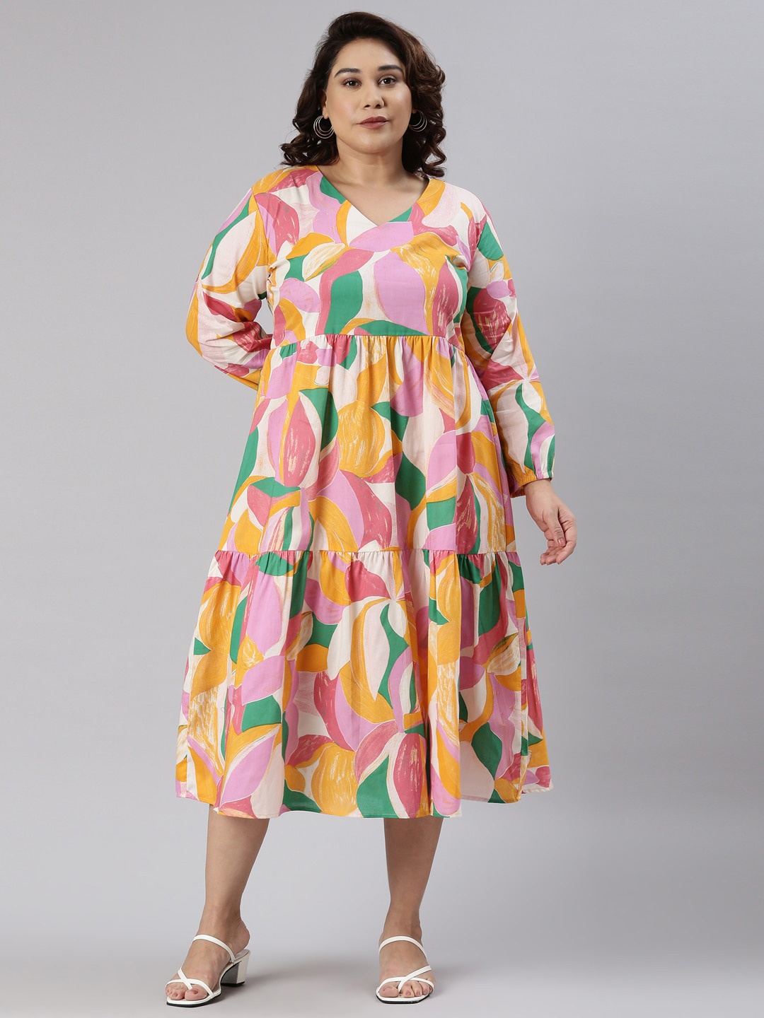 

The Pink Moon Plus Size Geometric Printed Cotton Empire Tiered Midi Dress, Green
