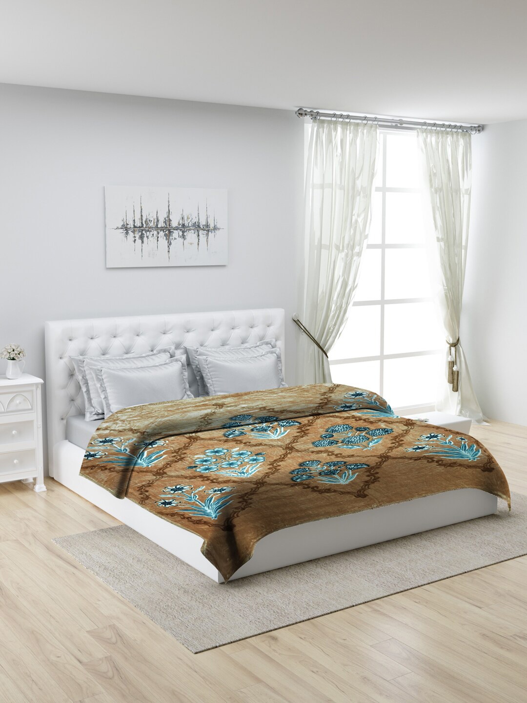 

Monte Carlo Mink Brown & Blue Ethnic Motifs Mild Winter 950 GSM Double Bed Blanket