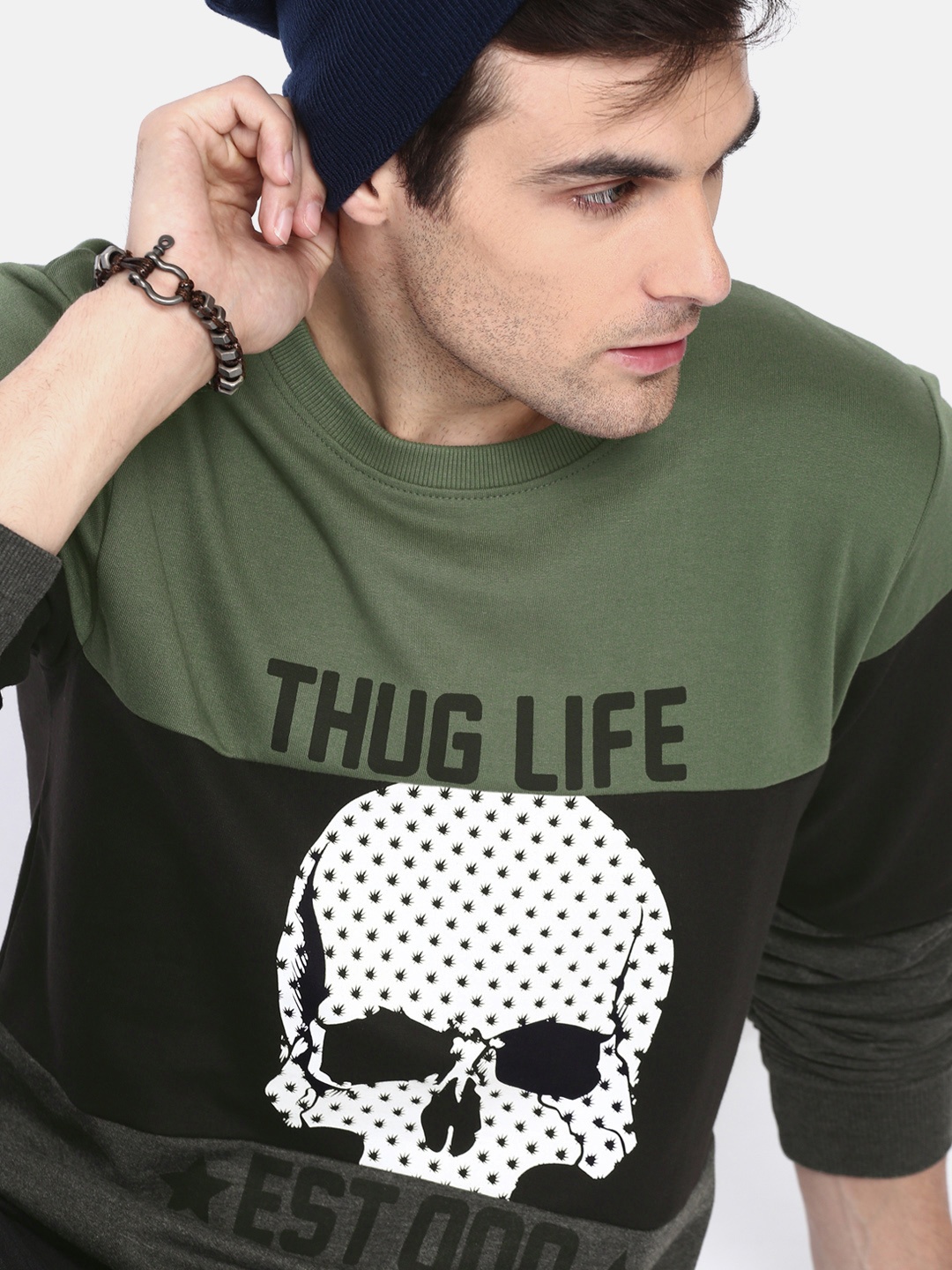 

Kook N Keech Men Black & Olive Green Colourblocked Sweatshirt