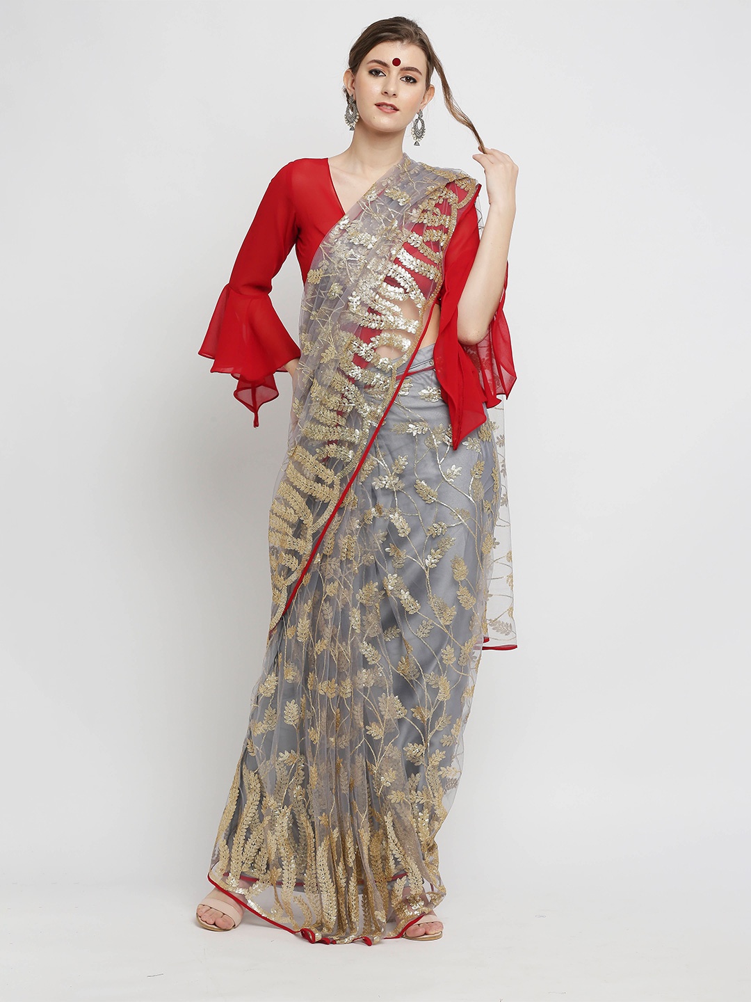 

Ira Soleil Floral Sequinned Net Ready to Wear Saree, Grey