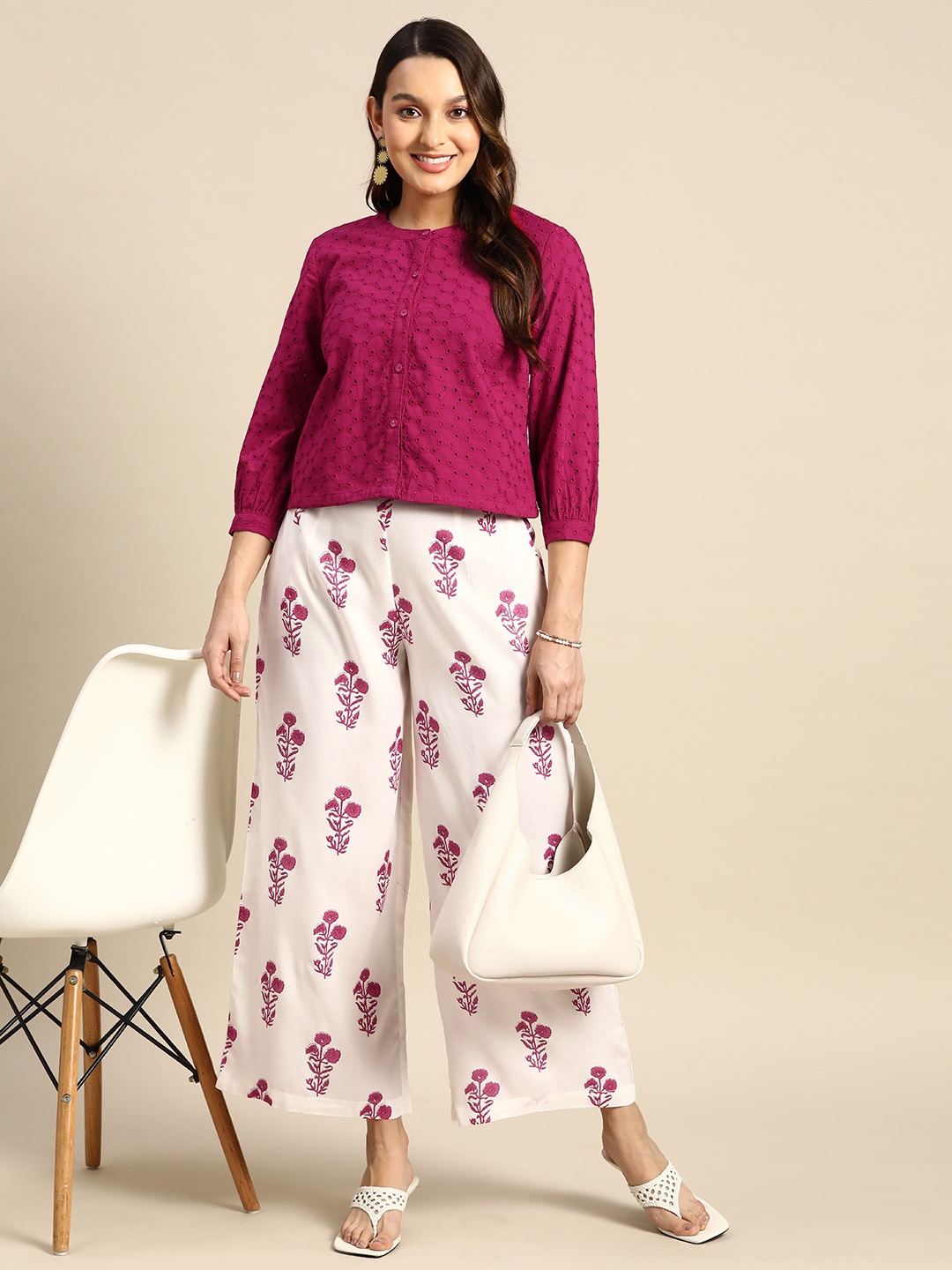 

Sangria Women Pure Cotton Top With Palazzos, Pink