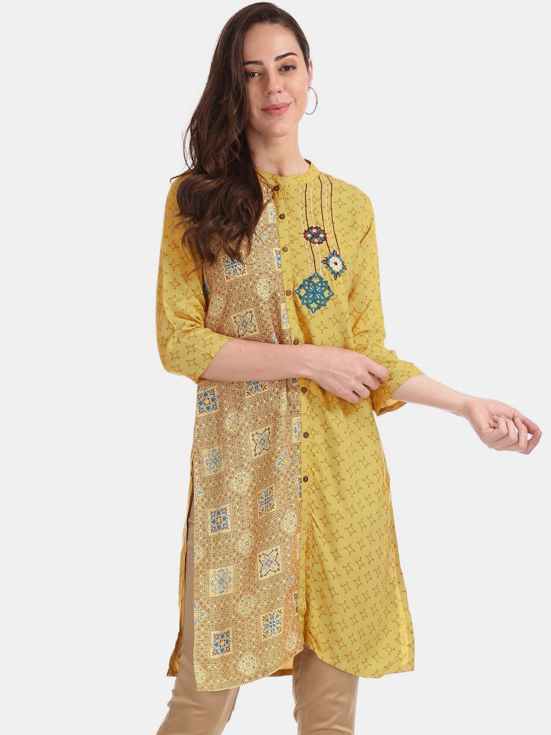 

V-Mart Floral Printed Thread Work Pure Cotton Thread Work Kurti, Yellow