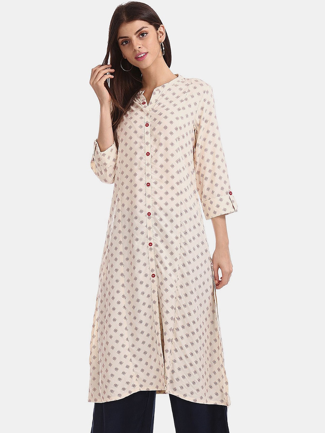 

V-Mart Women Ethnic Motifs Printed Roll-Up Sleeves Straight Kurta, Off white