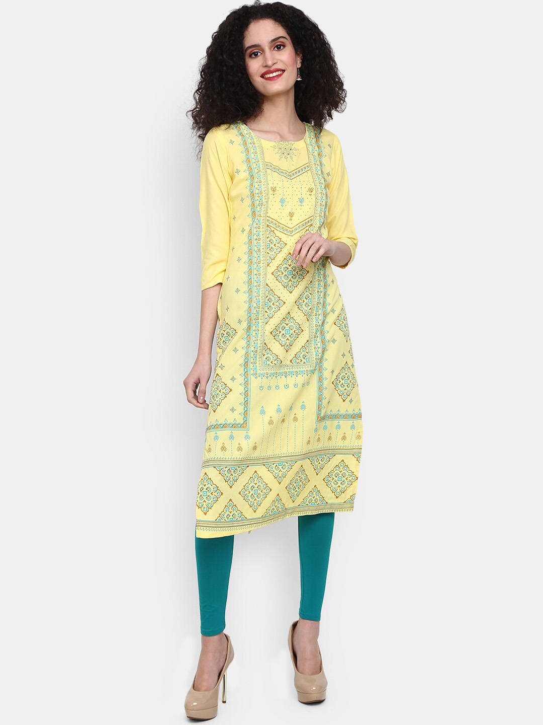 

V-Mart Women Ethnic Motifs Printed Beads and Stone Work Kurta, Yellow
