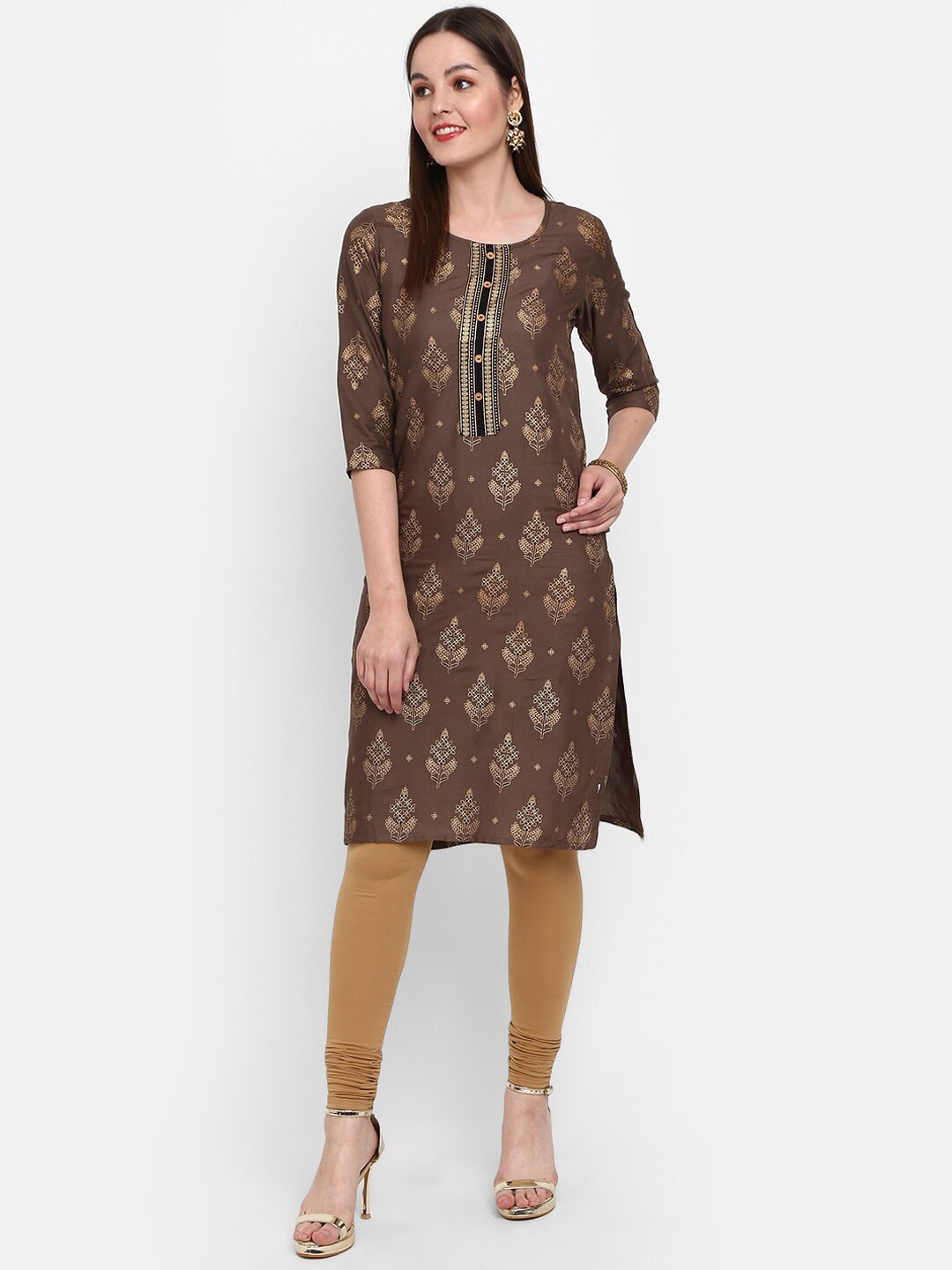 

V-Mart Ethnic Motifs Foil Printed Kurta, Brown