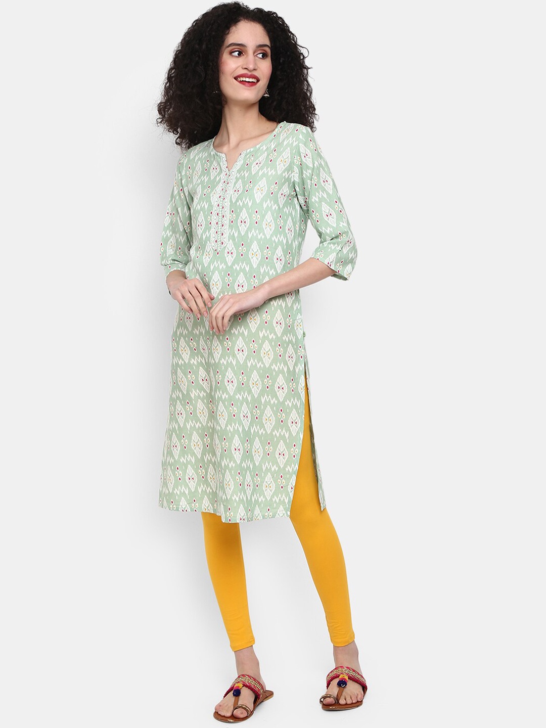 

V-Mart Women Ethnic Motifs Printed Notched Neck Kurta, Sea green