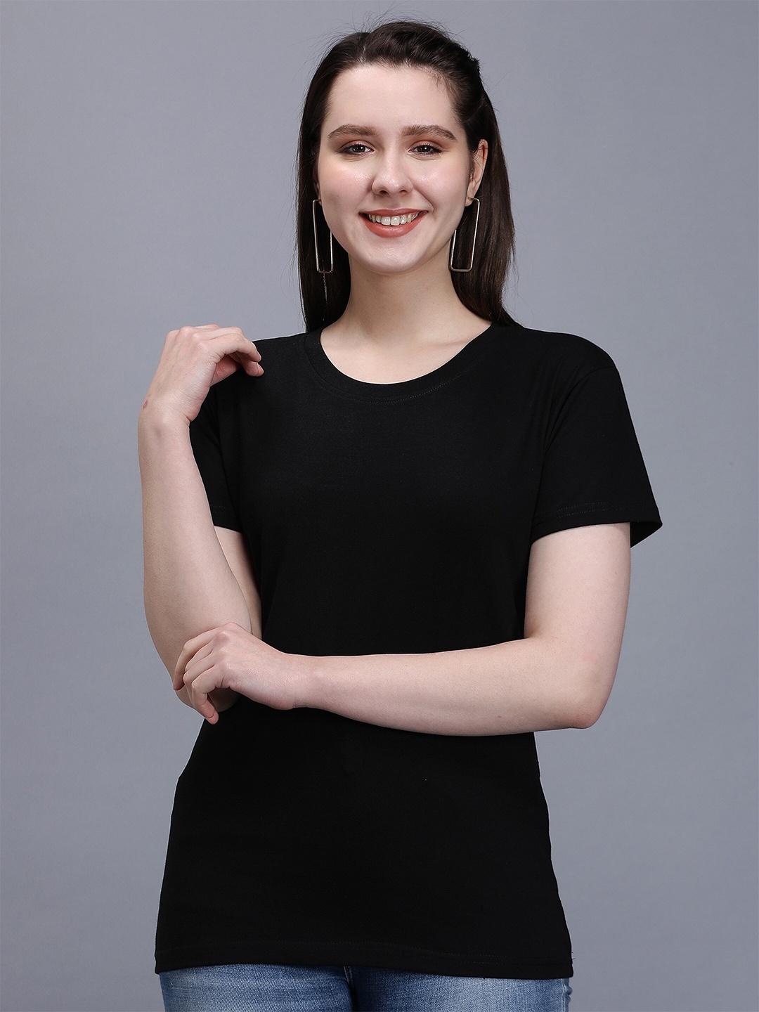 

TRENDY RABBIT Women Round Neck Cotton T-shirt, Black