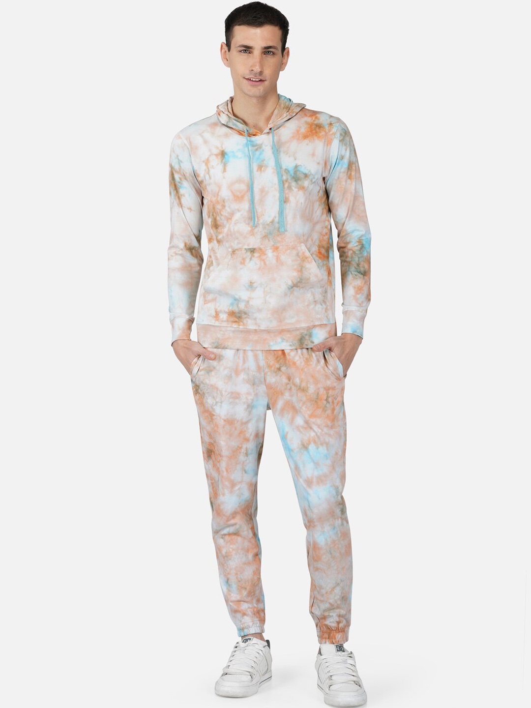 

Tinted Men Dyed Tie & Dye Pure Cotton Hooded Sweatshirt With Joggers, Turquoise blue
