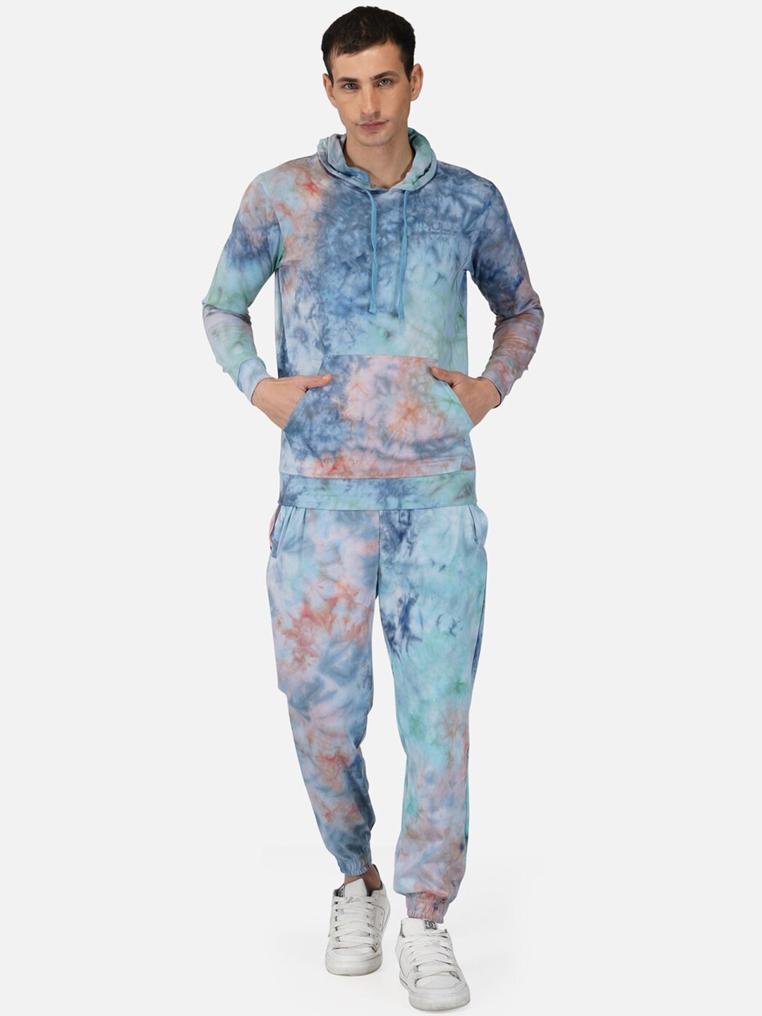 

Tinted Men Dyed Tie & Dye Pure Cotton Hooded Sweatshirt With Joggers, Navy blue