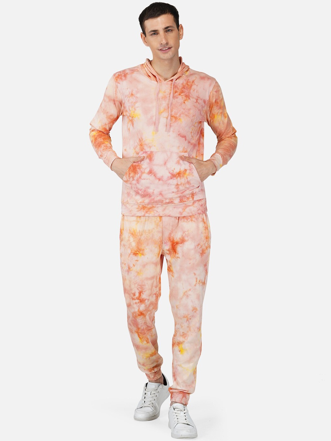 

TintedMen Dyed Tie & Dye Pure Cotton Hooded Sweatshirt With Joggers, Orange