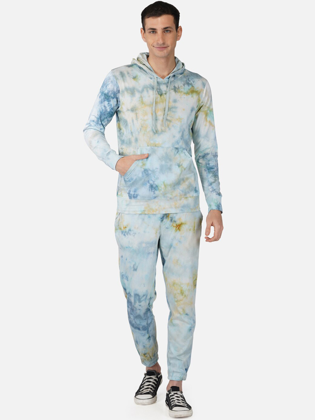 

Tinted Men Dyed Tie & Dye Pure Cotton Hooded Sweatshirt With Joggers, Blue