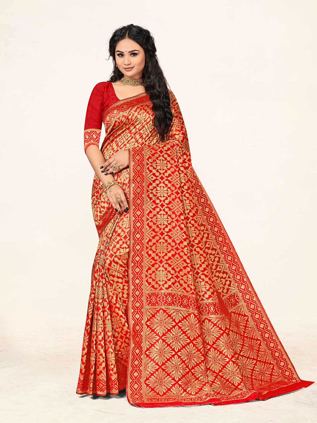 

KALINI Ethnic Motif Woven Design Zari Banarasi Saree, Red