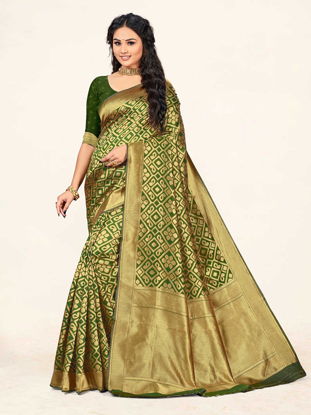 

KALINI Woven Design Zari Silk Blend Banarasi Saree, Olive