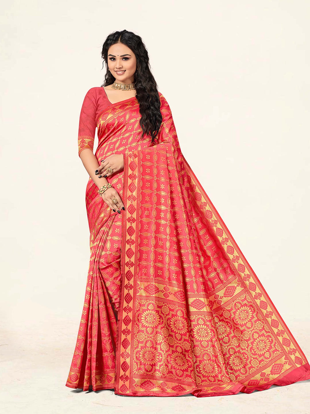 

KALINI Woven Design Zari Silk Blend Banarasi Saree, Peach