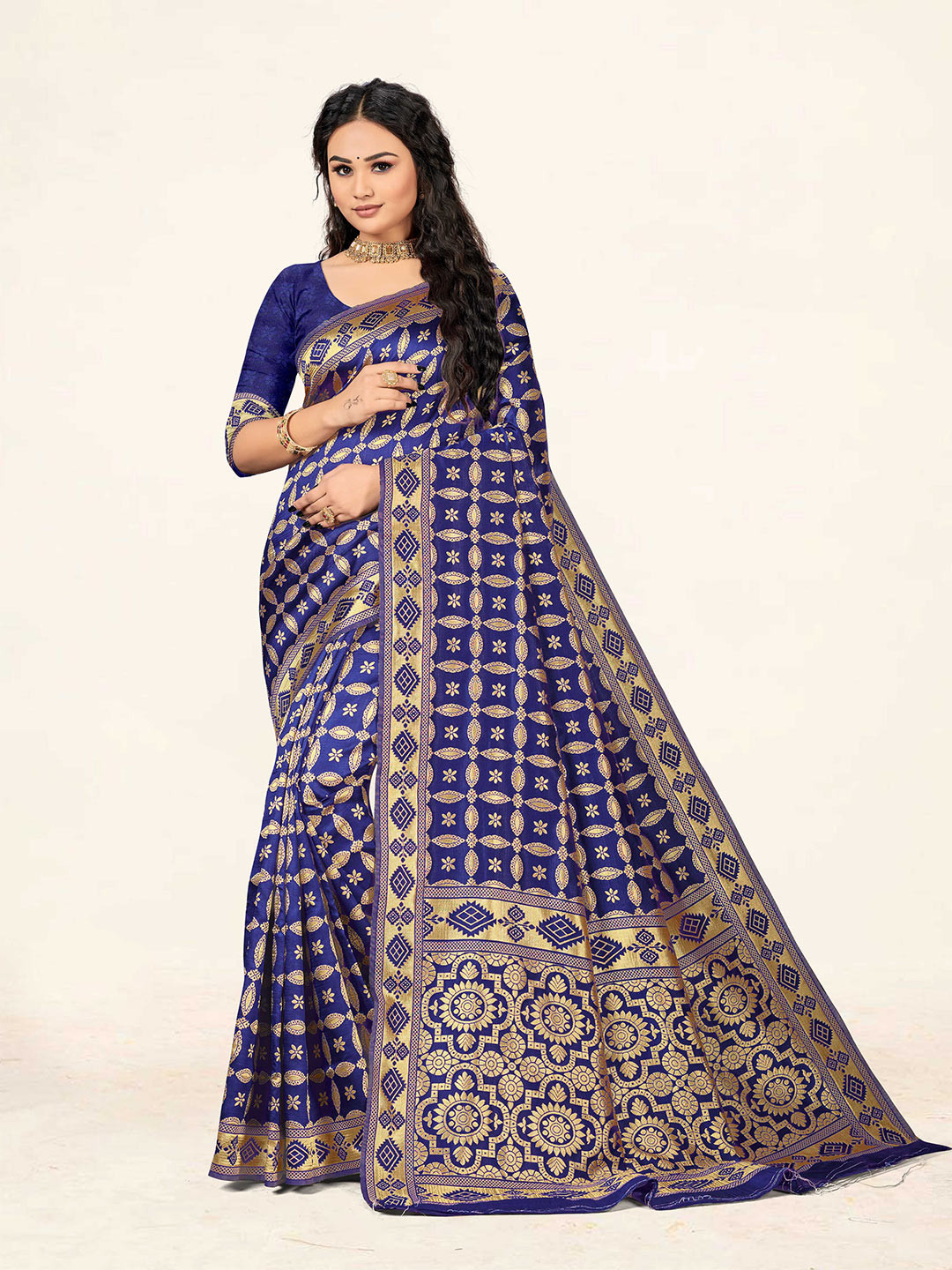 

KALINI Woven Design Zari Silk Blend Banarasi Saree, Navy blue