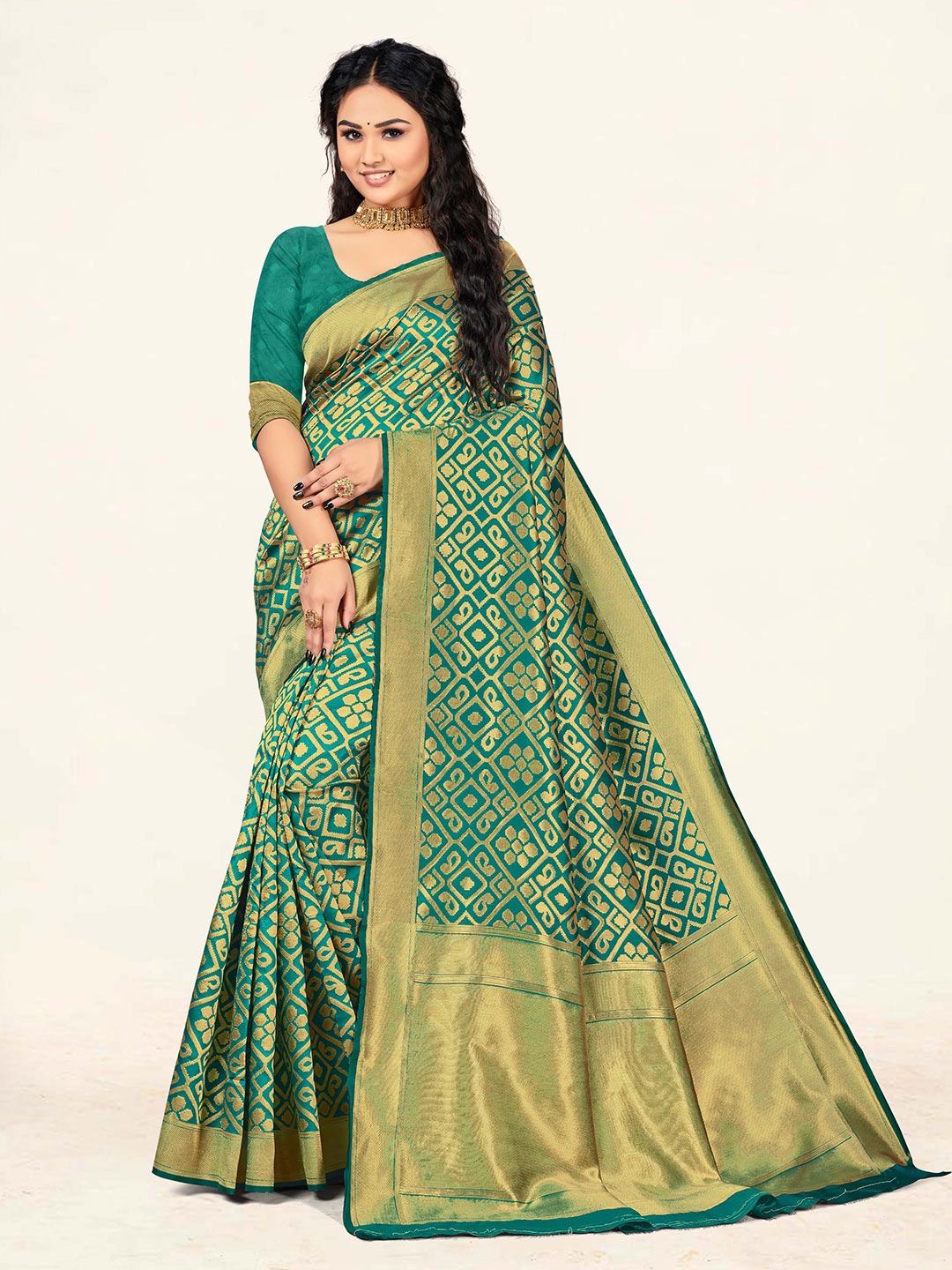 

KALINI Woven Design Zari Silk Blend Banarasi Saree, Green